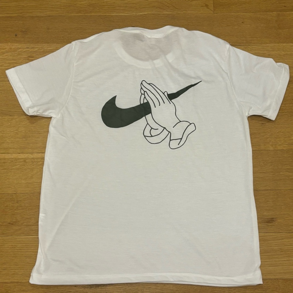 Unique Nike Swoosh Praying Hands white and green t-shirt